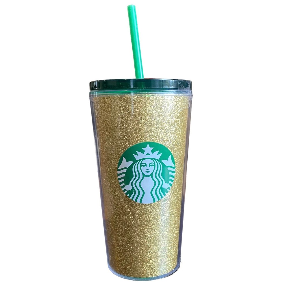 Starbucks 16oz Gold Glitter Cold Cup with Green Lid & Straw